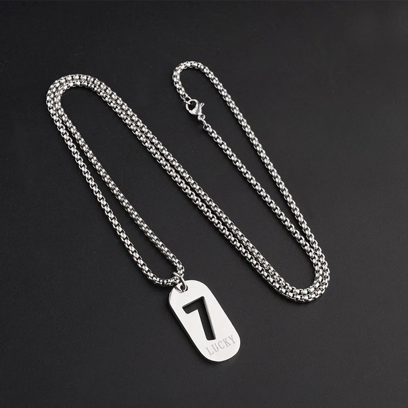 lucky number 7 pendant necklace for men women premium titanium steel dog tag nameplate hip hop punk streetwear jewelry long box chain sweater necklace gift