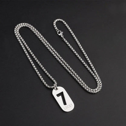Lucky Number 7 Pendant Necklace for Men Women Premium Titanium Steel Dog Tag Nameplate Hip Hop Punk Streetwear Jewelry Long Box Chain Sweater Necklace Gift