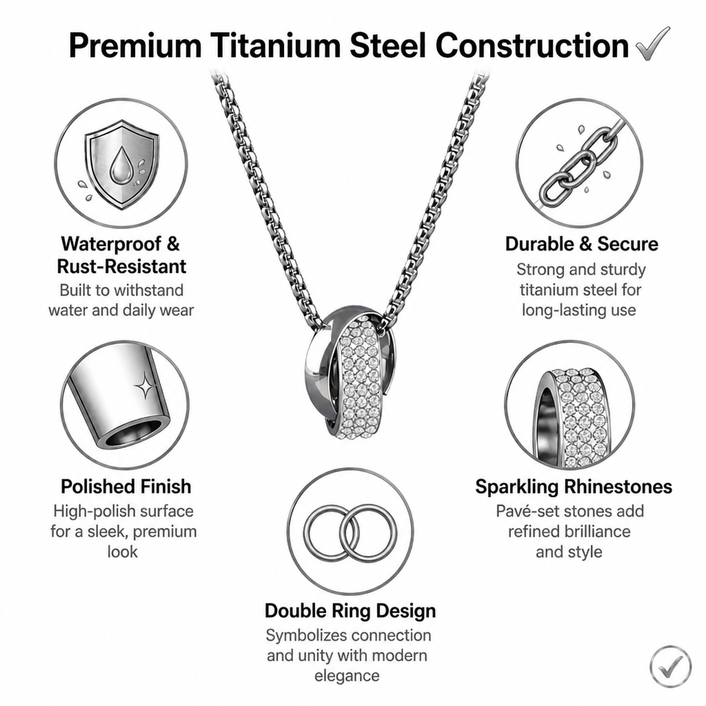 titanium steel double ring pendant necklace for men unisex iced out rhinestone interlocking circle pendant hip hop streetwear box chain high street cyberpunk jewelry