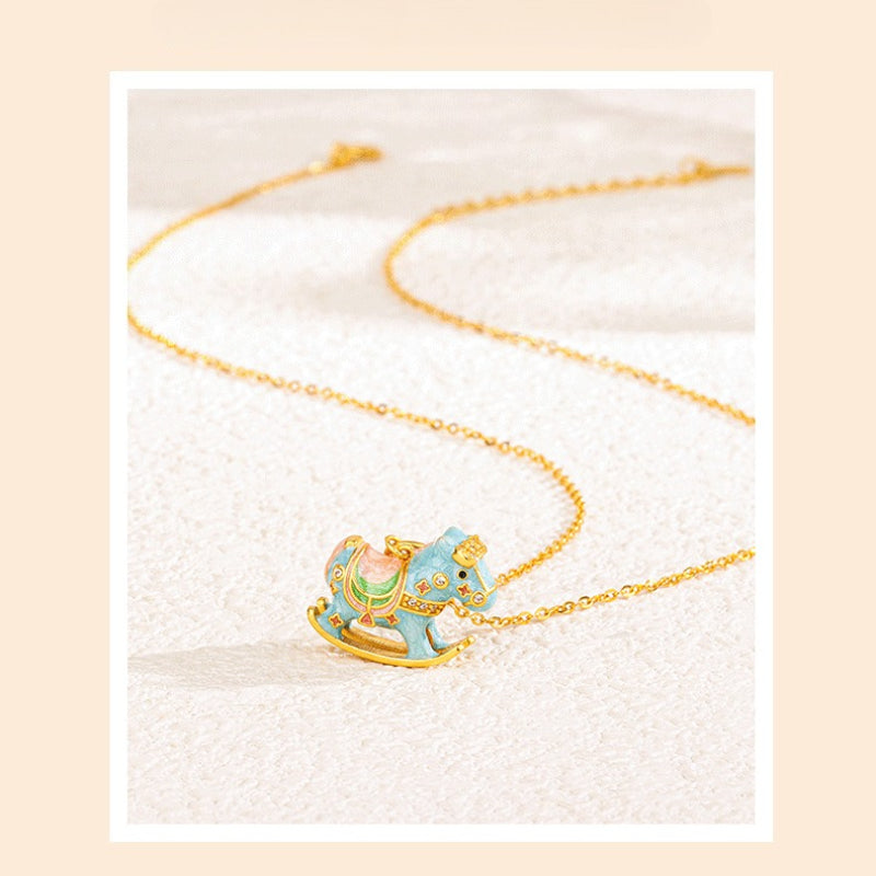 chinese zodiac horse silver necklace – s925 enamel macaron color rocking horse pendant - star8s
