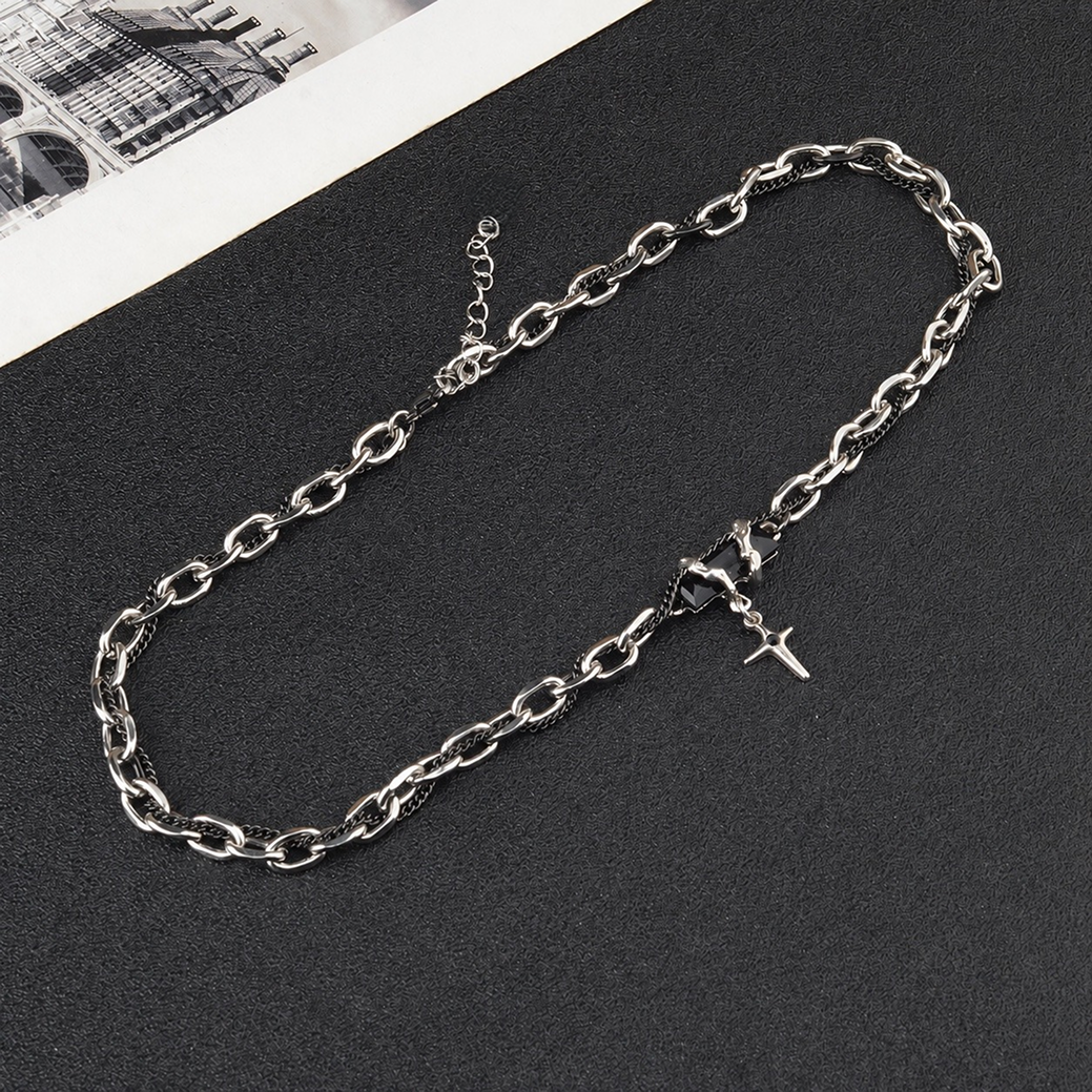 men's starburst pendant necklace titanium steel cuban link chain layered hip hop choker black gem cross accent streetwear jewelry gift for men male accessories