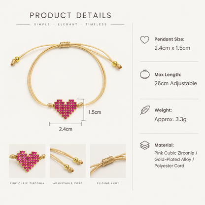 Women's Adjustable Cord Bracelet with Sparkling Pink Heart and Sliding Knot
