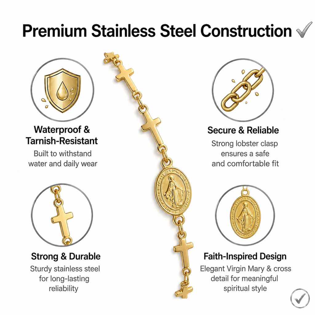 virgin mary cross bracelet for women stainless steel gold plated miraculous medal pendant religious catholic christian faith blessing charm bracelet adjustable stackable layering wristband gift jewelry