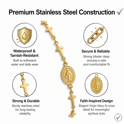 Virgin Mary Cross Bracelet for Women Stainless Steel Gold Plated Miraculous Medal Pendant Religious Catholic Christian Faith Blessing Charm Bracelet Adjustable Stackable Layering Wristband Gift Jewelry