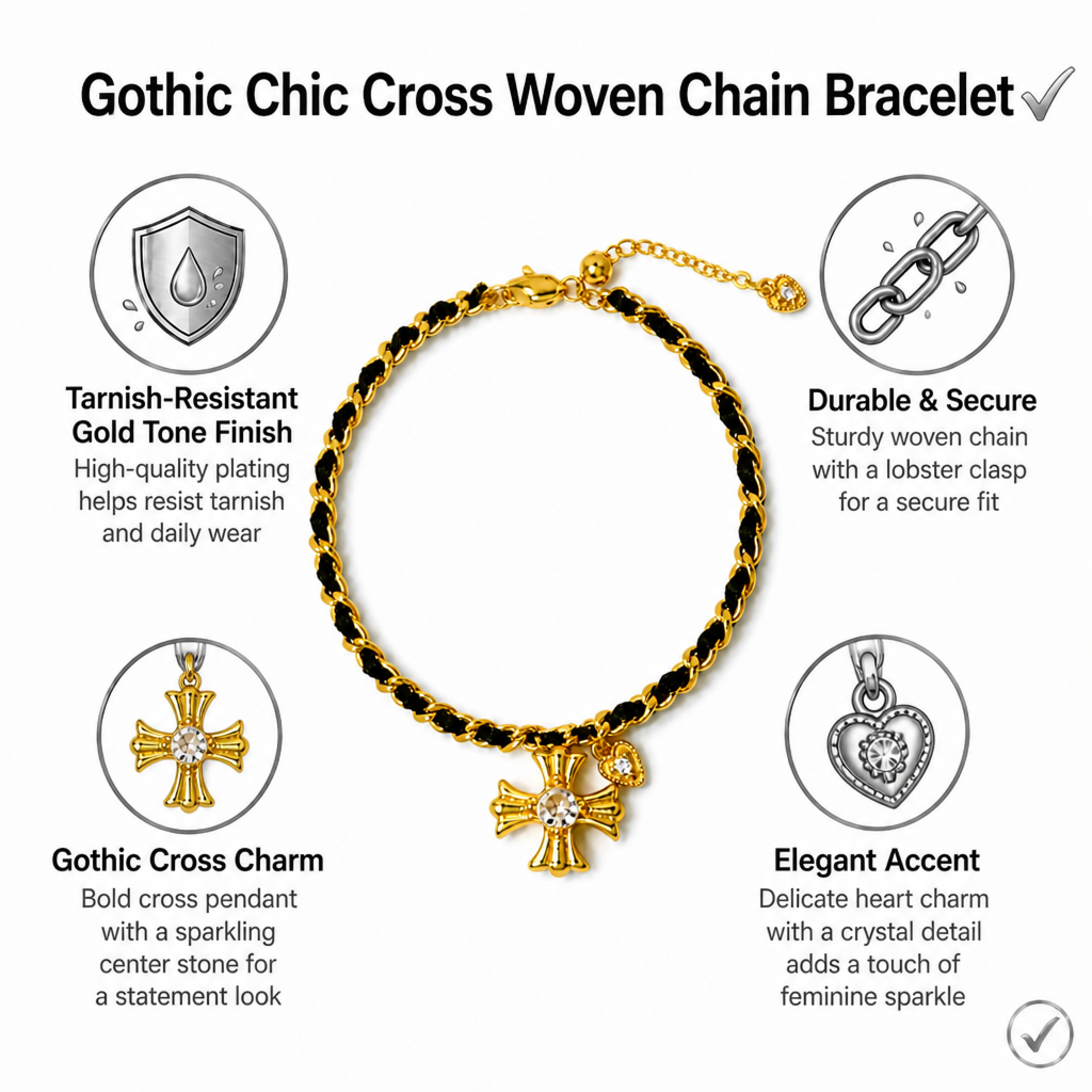 gold tone cross woven chain bracelet for women interwoven black thread braided cord gothic cross charm bracelet adjustable luxury aesthetic fashion jewelry gift