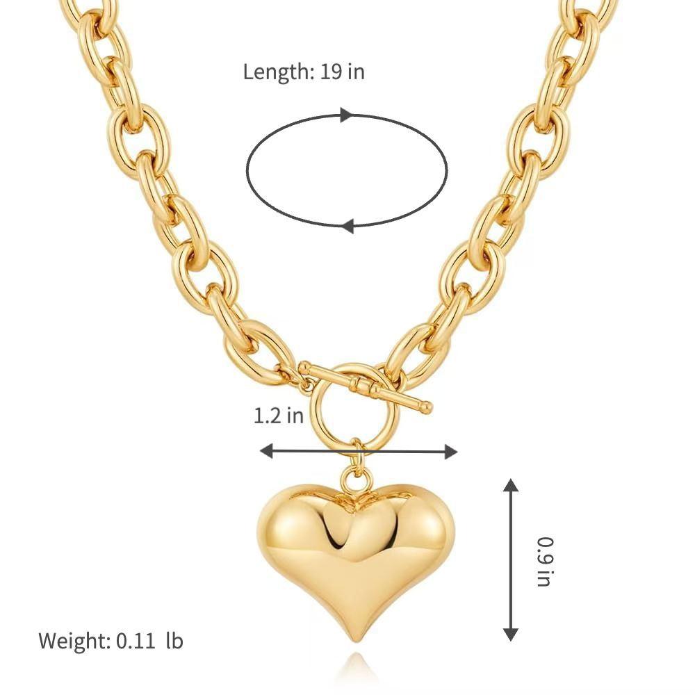 gold plated chunky chain necklace for women puffy heart pendant necklace minimalist bold link chain necklace with front ot toggle clasp jewelry gift