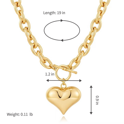 Gold Plated Chunky Chain Necklace for Women Puffy Heart Pendant Necklace Minimalist Bold Link Chain Necklace with Front OT Toggle Clasp Jewelry Gift