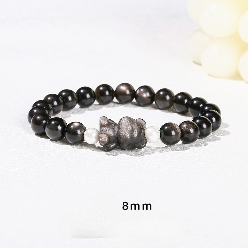 silver obsidian bear bracelet – minimalist black gemstone beaded bracelet for men & women - star8s