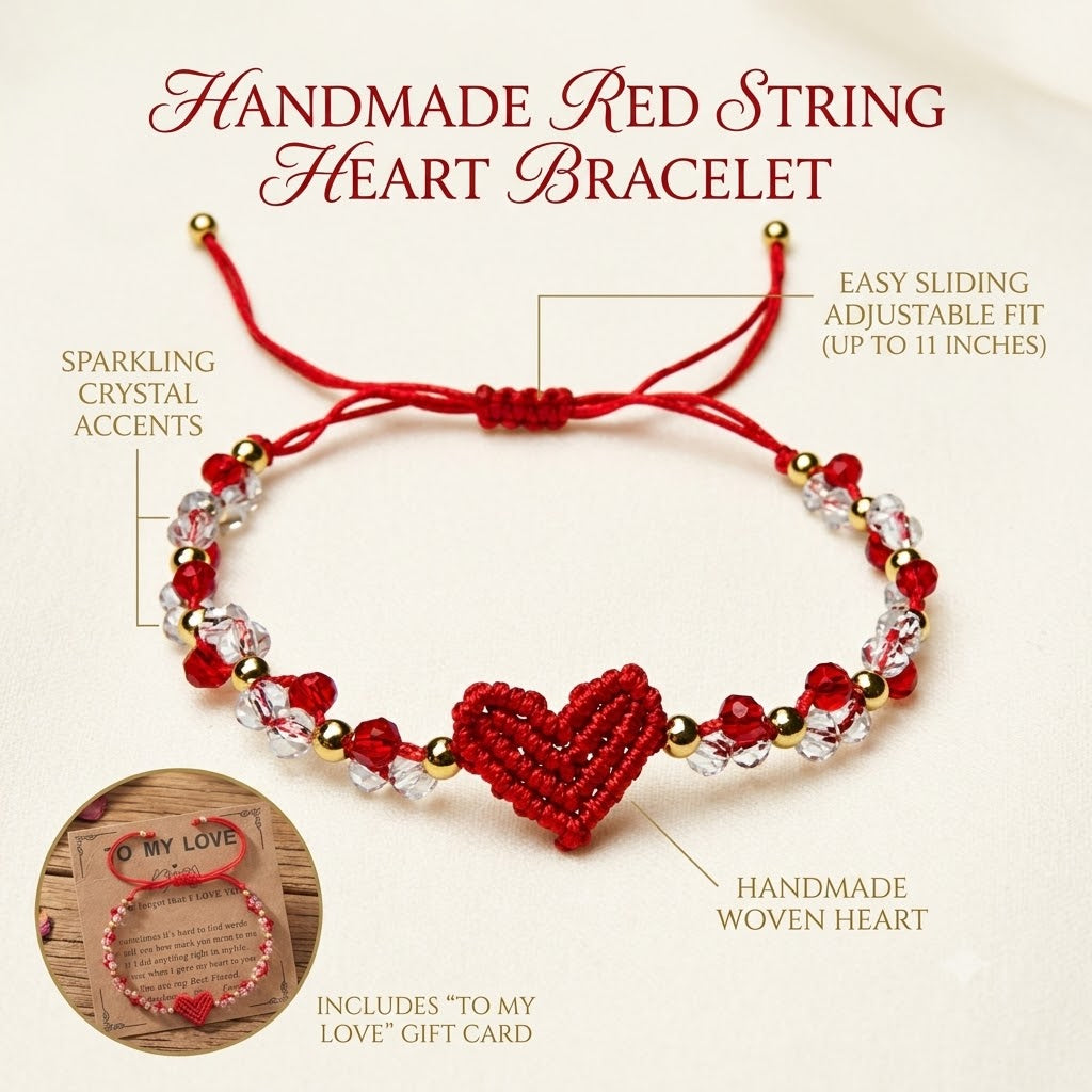 handmade red string bracelet for women girlfriend couples matching woven macrame heart charm bracelet crystal beaded adjustable rope anniversary valentine's day romantic love jewelry gift with card