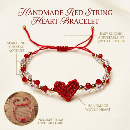 Handmade Red String Bracelet for Women Girlfriend Couples Matching Woven Macrame Heart Charm Bracelet Crystal Beaded Adjustable Rope Anniversary Valentine's Day Romantic Love Jewelry Gift with Card