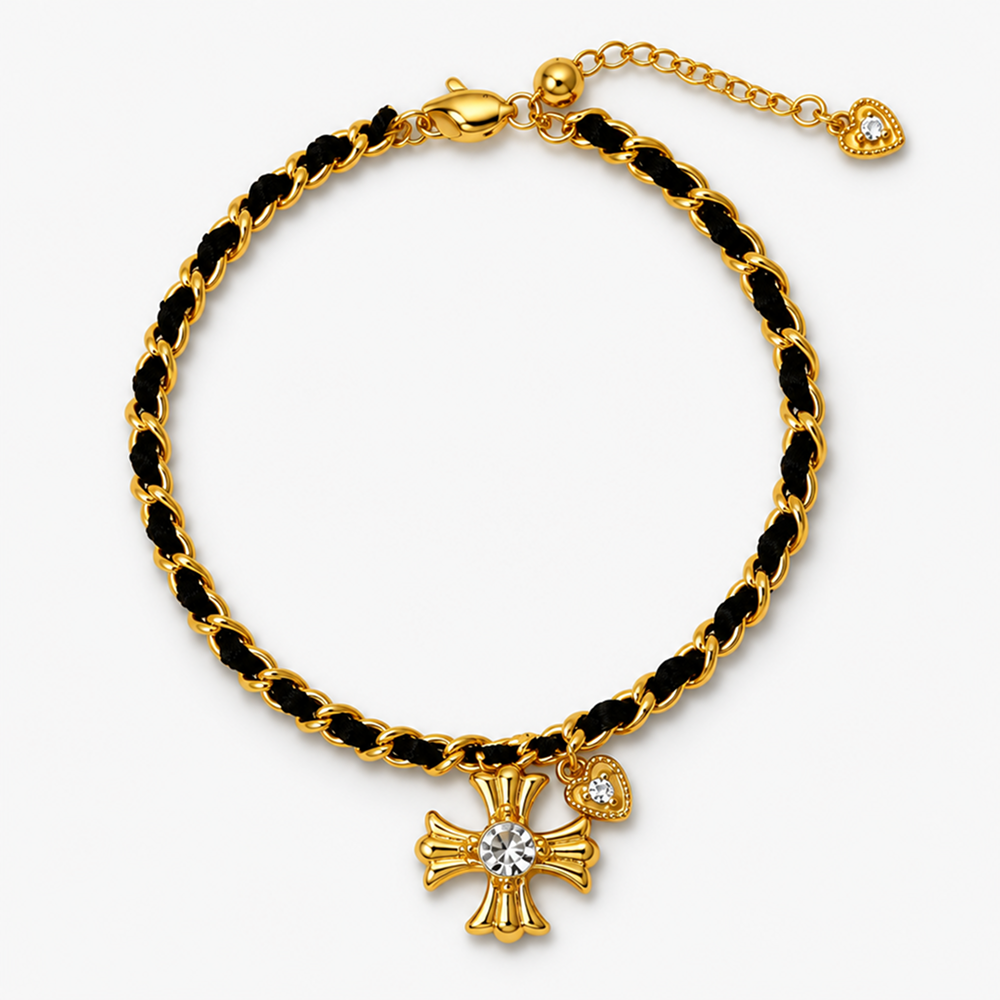 black cord and gold-tone cross charm bracelet with adjustable extender