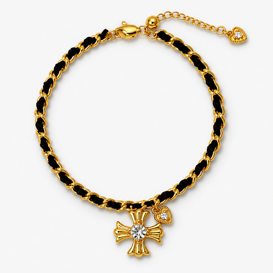Black Cord and Gold-Tone Cross Charm Bracelet with Adjustable Extender