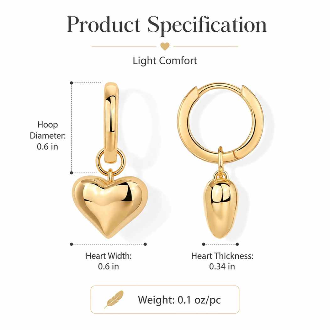 lightweight shiny gold puffy heart charm huggie earrings comfortable secure click closure dainty dangling heart drop hoops for daily wear sensitive ears