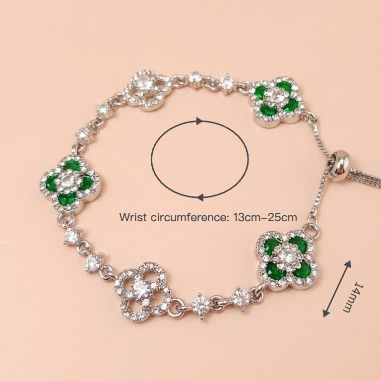 silver four leaf clover bracelet for women emerald green lucky clover charm bracelet sparkly crystal adjustable bolo slider bracelet premium dainty layering jewelry irish good luck gift for her anniversary birthday