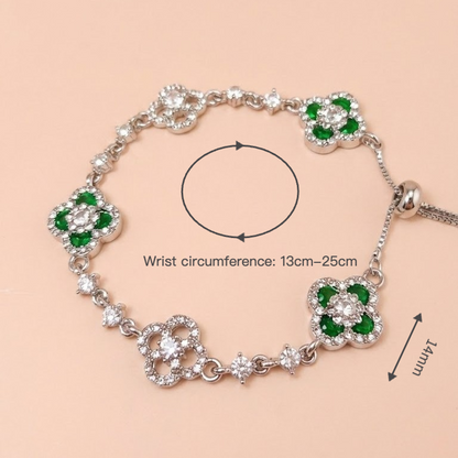 Silver Four Leaf Clover Bracelet for Women Emerald Green Lucky Clover Charm Bracelet Sparkly Crystal Adjustable Bolo Slider Bracelet Premium Dainty Layering Jewelry Irish Good Luck Gift for Her Anniversary Birthday