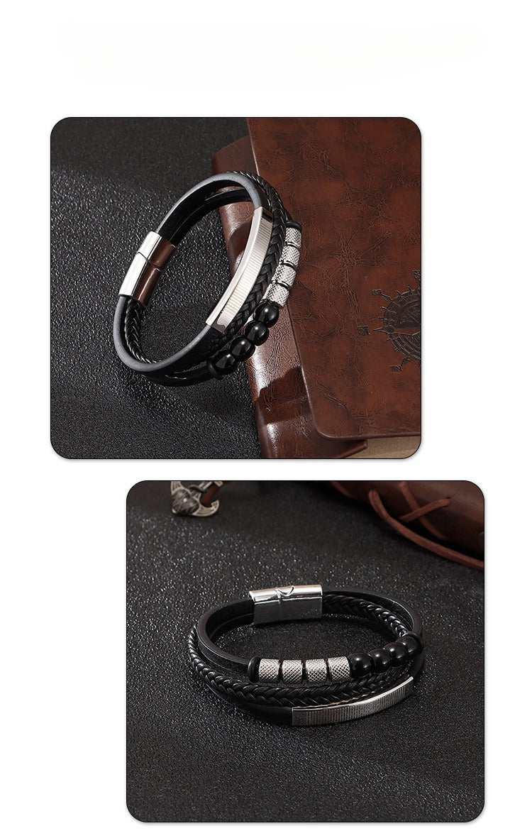 men’s buckle bracelet – multi-layer leather & natural stone beads with zinc-alloy magnetic clasp - star8s