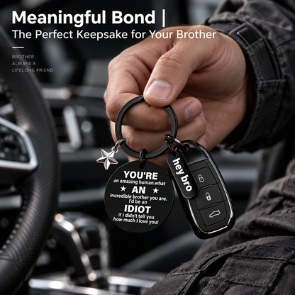 Funny Brother Stainless Steel Keychain with Message Disc, Hey Bro Tag and Star Charm