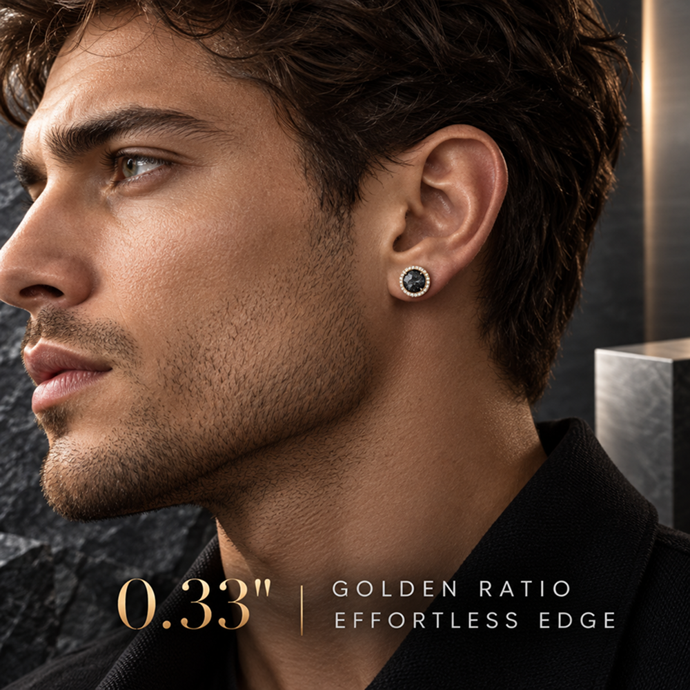 men's titanium steel black cluster stud earrings with clear round halo, 1 pair