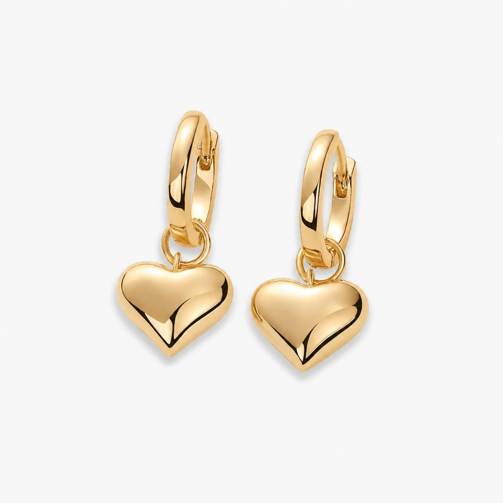 lightweight shiny gold puffy heart charm huggie earrings comfortable secure click closure dainty dangling heart drop hoops for daily wear sensitive ears