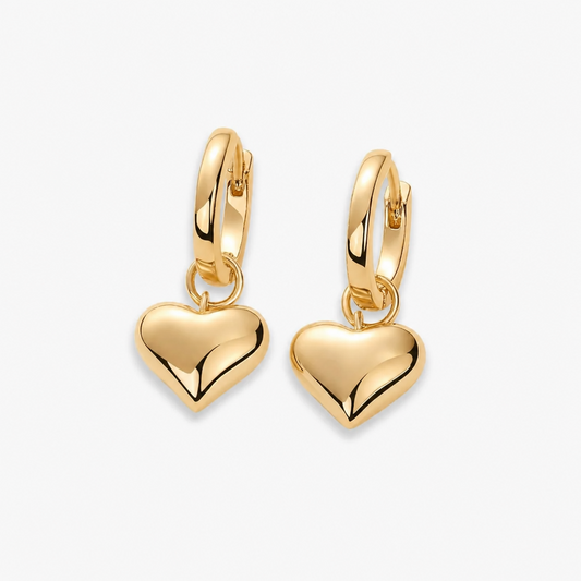 Lightweight Shiny Gold Puffy Heart Charm Huggie Earrings Comfortable Secure Click Closure Dainty Dangling Heart Drop Hoops for Daily Wear Sensitive Ears