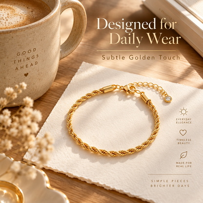 Twisted Rope Chain Bracelet for Women, Gold-Tone Electroplated Brass, 6.5 Inch Chain with 1.5 Inch Extender and Lobster Clasp, Slim 0.1 Inch Width, Minimalist Wrist Jewelry for Everyday Outfits, Layering, Workwear, Birthdays and Anniversary Gift Givi