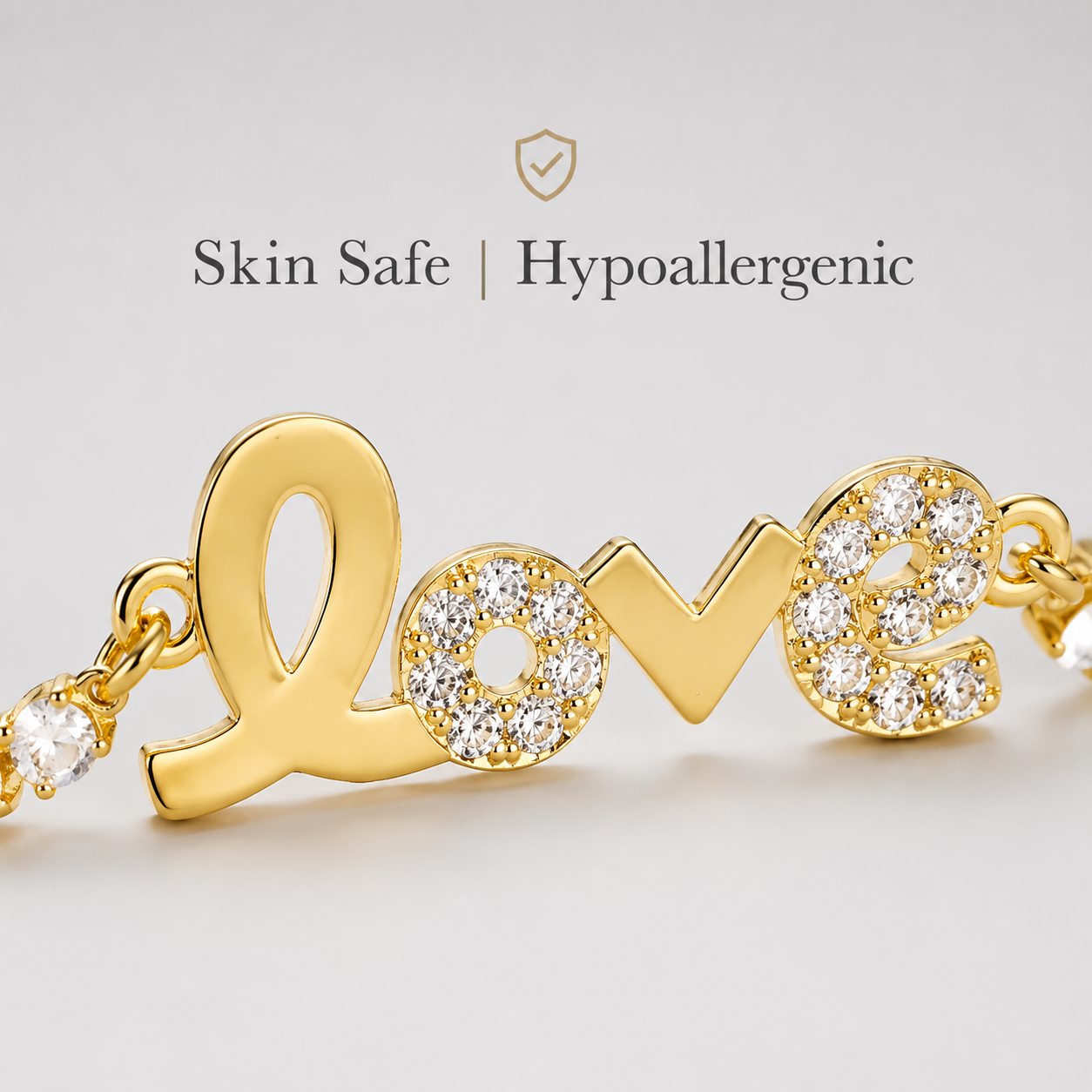 sparkling premium cubic zirconia love script nameplate bracelet tarnish resistant base skin safe hypoallergenic adjustable pull string comfort fit evening wear gift
