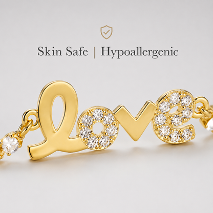 Sparkling Premium Cubic Zirconia LOVE Script Nameplate Bracelet Tarnish Resistant Base Skin Safe Hypoallergenic Adjustable Pull String Comfort Fit Evening Wear Gift