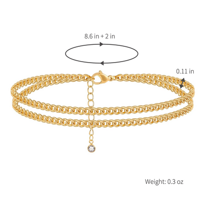 Double Layer Cuban Link Anklet for Women Gold-Tone Curb Chain Ankle Bracelet Adjustable Waterproof Foot Jewelry Beach Vacation Accessories Gift