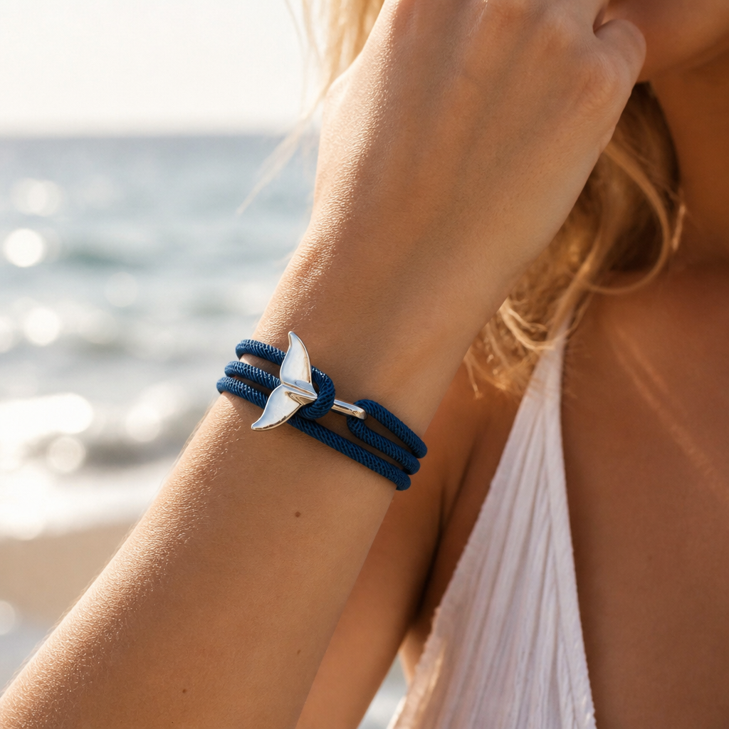 navy whale tail wrap bracelet, electroplated alloy and braided milan cord, adjustable ocean-inspired couple bracelet