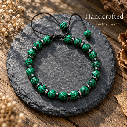 Unisex Green Striped Bead Adjustable Woven Cord Bracelet