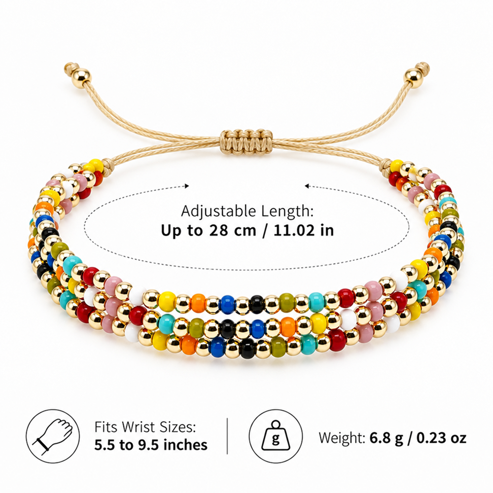 three-strand beaded bracelet for women, glossy multicolor beads with gold-tone round beads, adjustable sliding knot cord closure, boho vintage style layered design with dangling cord ends, colorful jewelry for everyday wear, vacations and birthday gi