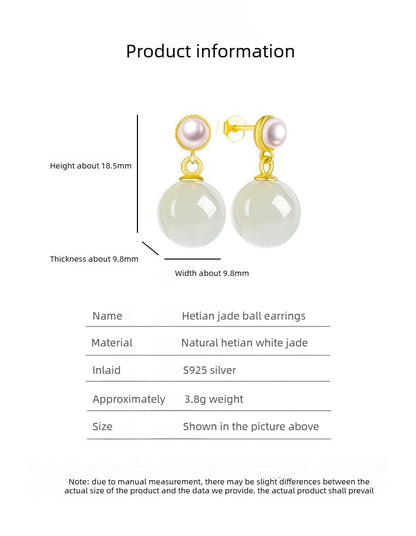 Hetian Jade & Pearl Stud Earrings | S925 Silver Inlay