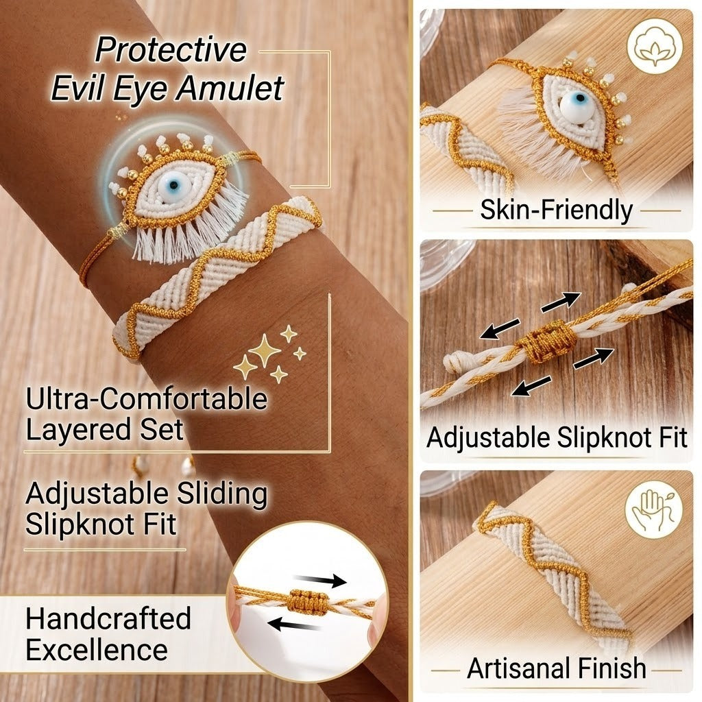 handmade woven evil eye bracelet set for women men boho macrame protection talisman gold metallic thread cream white braided rope cord adjust string set of 2