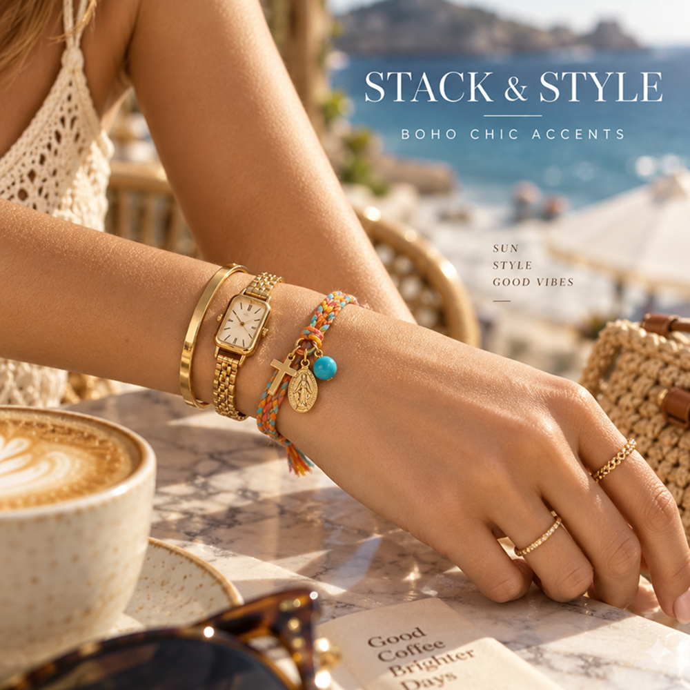 adjustable multicolor braided bracelet with copper cross, mary medal and blue bead