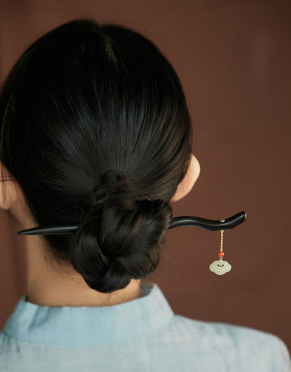 Natural Black Ebony Wood & Hetian Jade Hairpin - Hair Stick Accessory