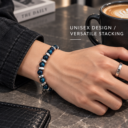 Men's Blue Bead Bracelet with Silver-Tone Spacers and Adjustable Chain