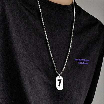 Lucky Number 7 Pendant Necklace for Men Women Premium Titanium Steel Dog Tag Nameplate Hip Hop Punk Streetwear Jewelry Long Box Chain Sweater Necklace Gift