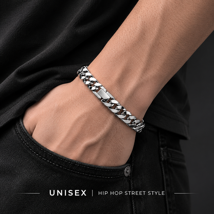 Waterproof Tarnish Free Titanium Steel Cuban Chain Bracelet Heavy Duty Sleek Fold Over Watch Band Clasp Durable Comfort Fit Industrial Jewelry Gift for Him Her