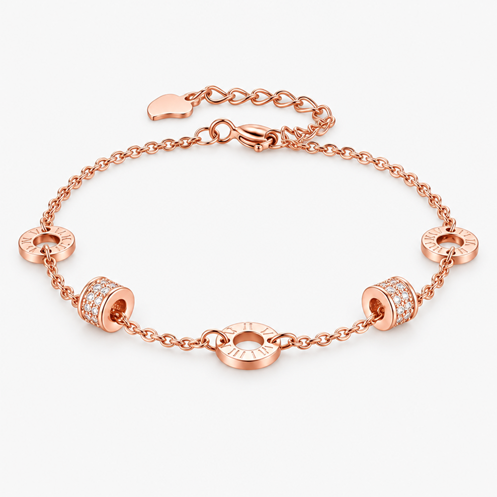 women's rose gold-tone electroplated brass roman numeral bracelet with double barrel beads