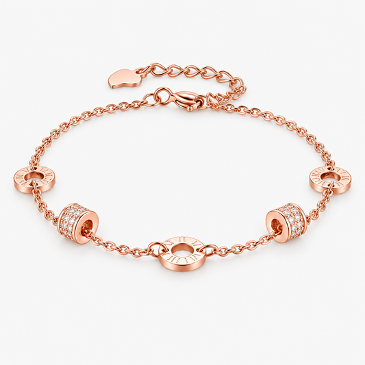 Women's Rose Gold-Tone Electroplated Brass Roman Numeral Bracelet with Double Barrel Beads