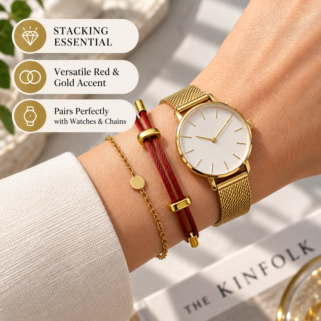adjustable red multi-strand steel cable bracelet for men and women, minimalist wire rope wristband with gold-color slider clasps, 9.5 inch maximum length, lightweight modern layering accessory for everyday wear, casual gift for him or her