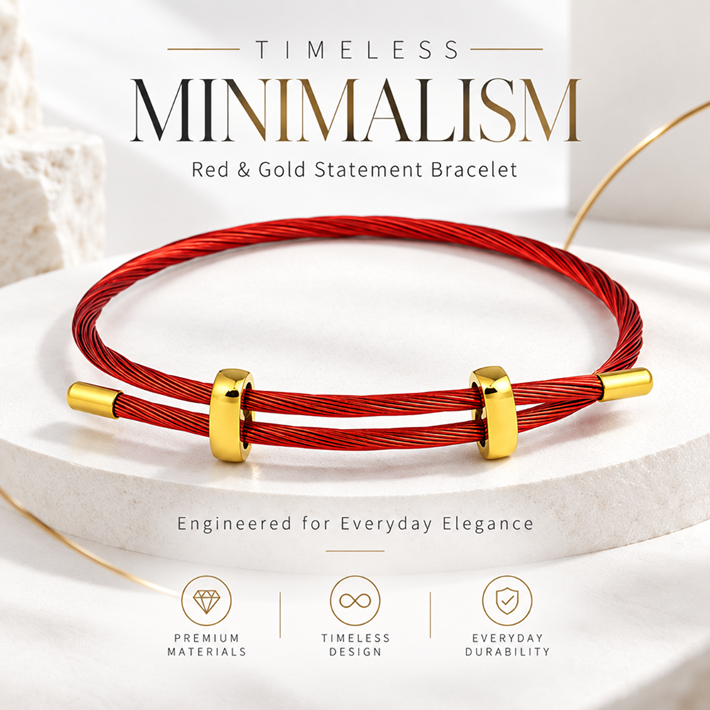 adjustable red multi-strand steel cable bracelet for men and women, minimalist wire rope wristband with gold-color slider clasps, 9.5 inch maximum length, lightweight modern layering accessory for everyday wear, casual gift for him or her