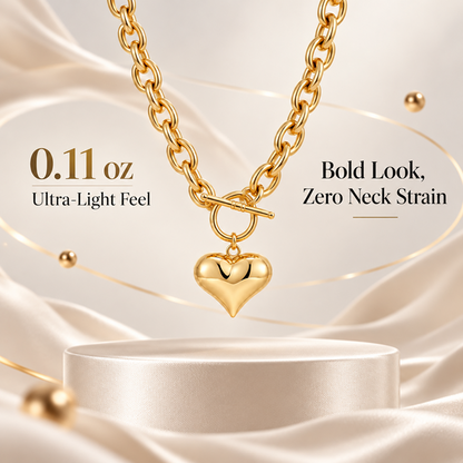 Women's Gold-Plated Brass Puffed Heart Pendant Necklace with Chunky Chain and Toggle Clasp