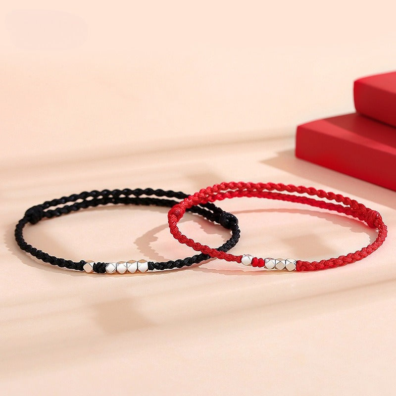 silver couples braided bracelet | handmade red string bracelet with 925 sterling silver beads