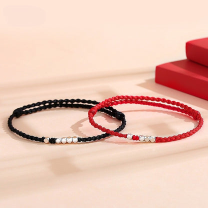 Silver Couples Braided Bracelet | Handmade Red String Bracelet with 925 Sterling Silver Beads