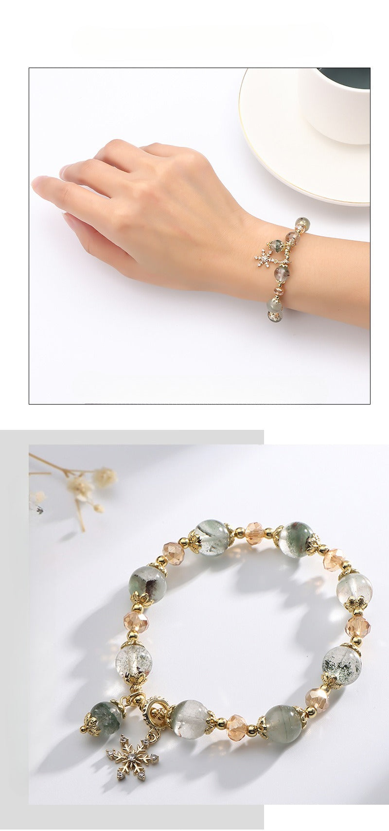 green phantom crystal charm beaded bracelet - minimalist design with snowflake pendant for women - star8s