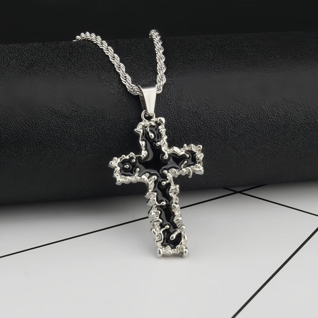 gothic cross necklace for men women liquid metal molten lava cross pendant necklace y2k hip hop punk rock twist rope chain grunge streetwear techwear jewelry gift