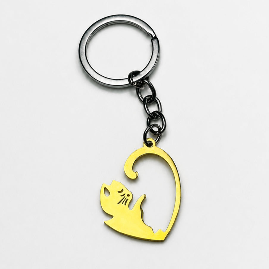 2pcs matching cat keychain set for couples best friends stainless steel black silver kitten heart puzzle pendant key ring relationship friendship anniversary valentine long distance gift