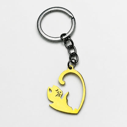 2Pcs Matching Cat Keychain Set for Couples Best Friends Stainless Steel Black Silver Kitten Heart Puzzle Pendant Key Ring Relationship Friendship Anniversary Valentine Long Distance Gift