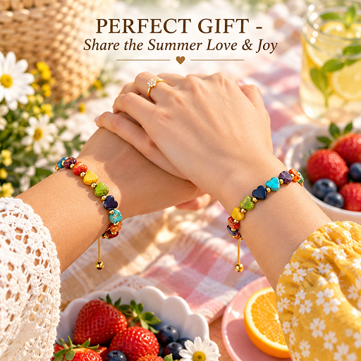 adjustable rainbow heart bead cord bracelet with gold-tone accents